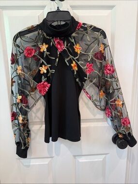 SHEIN Black Mock Neck Top with Pink & Yellow Floral Embroidery